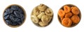 Collage of different dried fruits. Dried prunes, dried apricots, figs isolated on white background. Top view. Dried fruits isolate Royalty Free Stock Photo