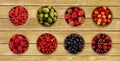 Collage of different fruits and berries on the wooden table. Royalty Free Stock Photo