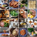 Collage different kinds and ingredients of japanese ramen noodle soup, katsudon, karaage chicken Royalty Free Stock Photo