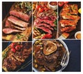 Collage of different meat dishes. Ribs of barbecue, fillet, ossobuko with vegetables