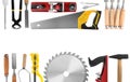 Collage with different modern carpenter`s tools on white background, top view Royalty Free Stock Photo
