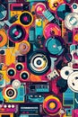 A collage of different music-related elements such as vinyl records, headphones, and speakers, representing the diverse genres and Royalty Free Stock Photo