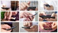 Collage of different people hands texting or typing on theirs smartphones.