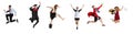 Collage of different people jumping in a line isolated over white studio background Royalty Free Stock Photo