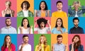 Collage of different people portraits. Diverse women and men headshots over bright studio backgrounds