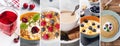 Collage of different photos of delicious food. A set of images with edible dishes