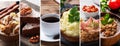 Collage of different photos of delicious food. A set of images with edible dishes