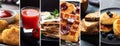 Collage of different photos of delicious food. A set of images with edible dishes