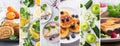 Collage of different photos of delicious food. A set of images with edible dishes