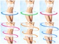 Collage of different photos of female body with drawing arrows. Royalty Free Stock Photo