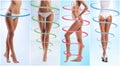 Collage of different photos of female body with drawing arrows. Royalty Free Stock Photo