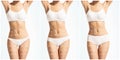 Collage of different photos of female body with drawing arrows. Royalty Free Stock Photo