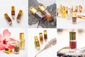 Collage from different pictures of Arabian oud attar perfume or agarwood oil fragrances in mini bottles Royalty Free Stock Photo