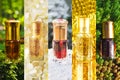 Collage from different pictures of Arabian oud attar perfume or agarwood oil fragrances in mini bottles Royalty Free Stock Photo