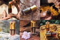 Collage from different pictures of Arabian oud attar perfume or agarwood oil fragrances in mini bottles Royalty Free Stock Photo