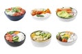 Collage of different poke bowls isolated on white