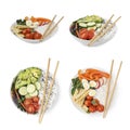 Collage of different poke bowls isolated on white, top and side views