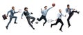 Collage of different professional office styled sportsmen, fit people in action and motion isolated on white background