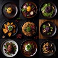 Collage of different salads and appetizers on dark background, top view. generative ai Royalty Free Stock Photo