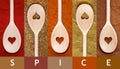 Collage of different spice and herbs and spoons with heart