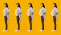 Collage of different stages of pregnancy, happy pregnant woman in casual posing on yellow background, full length