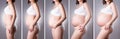 Collage of different stages of pregnancy, pregnant woman in white underwear on gray background Royalty Free Stock Photo