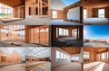 Collage with different stages of renovation, cottage construction from design to finish work. Construction business Royalty Free Stock Photo
