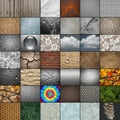 A collage of 36 different textures and patterns, each in a square format. Materials include wood Royalty Free Stock Photo