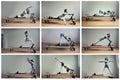 Collage of different yoga poses by young woman doing pilates exercises lying on pilates workout machines. Royalty Free Stock Photo