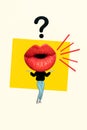 Collage dilemma illustration of headless misunderstanding woman huge pouted lips doubts shrug shoulders isolated on