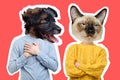 Collage of disappointed young couple with dog and cat head Royalty Free Stock Photo