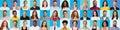 Collage with divirse multiethnic men and women portraits over blue toned backgrounds Royalty Free Stock Photo