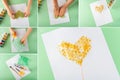 Collage DIY and kids creativity Step by step instruction: Drawing greeting card with golden heart using bubble wrap. Children