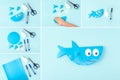 Collage DIY and kids creativity. Step by step instruction: making applique shark from paper. Children Craft workshop