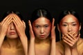 Collage doesn& x27;t see evil, I don& x27;t hear evil, I don& x27;t talk about evil. Three monkeys. A girl of Asian Royalty Free Stock Photo