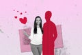 Collage of drawing imagine guy positive black white colors girl point finger love heart symbol isolated on pink creative