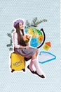 Collage of dreamy cute schoolkid girl sitting yellow valise hold tulips relocation traveling new house abroad isolated