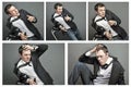 Collage of Drunk young man in office clothes