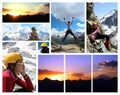 Collage - early morning Elbrus and hikers Royalty Free Stock Photo
