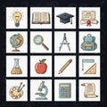 A collage of educational icons representing knowledge learning and academic achievement in a grid layout Royalty Free Stock Photo