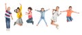 Collage of emotional children jumping on background. Banner design