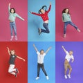 Collage of emotional children jumping on color backgrounds