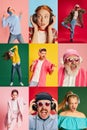 Collage. Emotional people, men and women of different age enjoying music in headphones over multicolor background