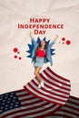 Collage emotional young girl dancing hands up happy national independence usa day promo symbolic decorations isolated on