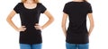 Collage empty t-shirt, woman in blank t shirt - front back views, black tshirt, copy space