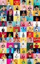 Collage of faces of emotional people on multicolored backgrounds. Expressive male and female models, multiethnic group Royalty Free Stock Photo