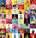 Collage of faces of emotional people on multicolored backgrounds. Expressive male and female models, multiethnic group Royalty Free Stock Photo