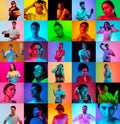 Collage of faces of emotional people on multicolored backgrounds. Expressive male and female models, multiethnic group Royalty Free Stock Photo