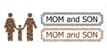 Mom and Son Grunge Badges with Notches and Family Child Collage of Coffee Seeds