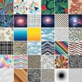 A collage featuring 36 distinct patterns, including vibrant spirals, geometric shapes, floral Royalty Free Stock Photo